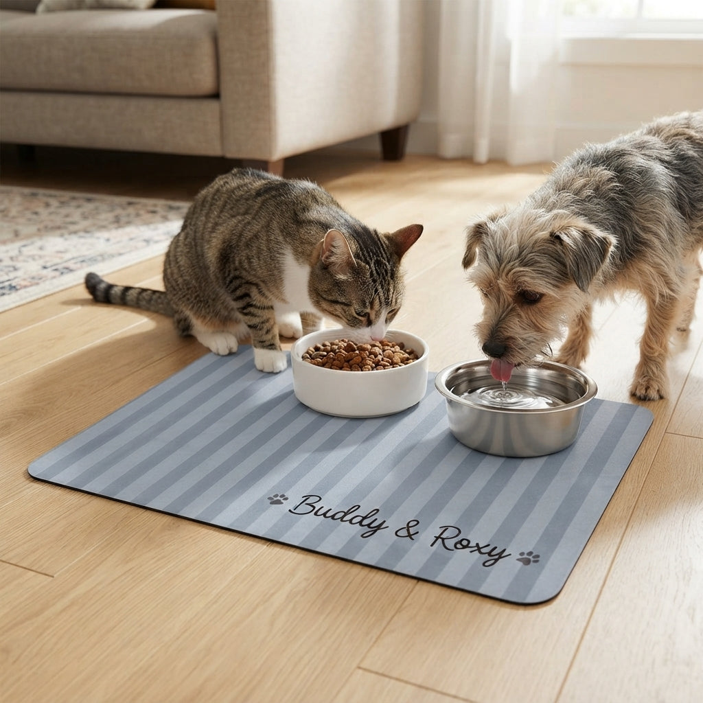 Personalized Pet Food Mat Striped Non Slip Waterproof, Custom Dog Mat Cat Mat, Gift for Pet Mom