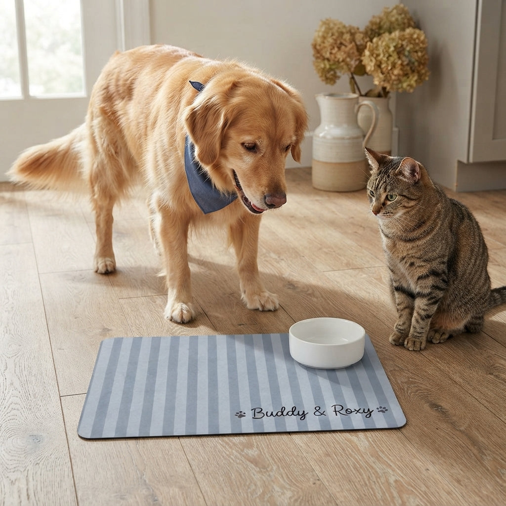 Personalized Pet Food Mat Striped Non Slip Waterproof, Custom Dog Mat Cat Mat, Gift for Pet Mom