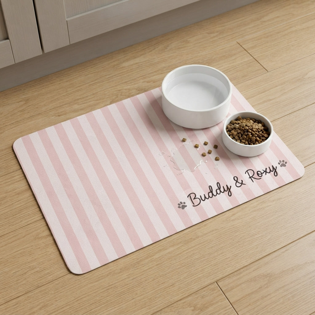 Personalized Pet Food Mat Striped Non Slip Waterproof, Custom Dog Mat Cat Mat, Gift for Pet Mom
