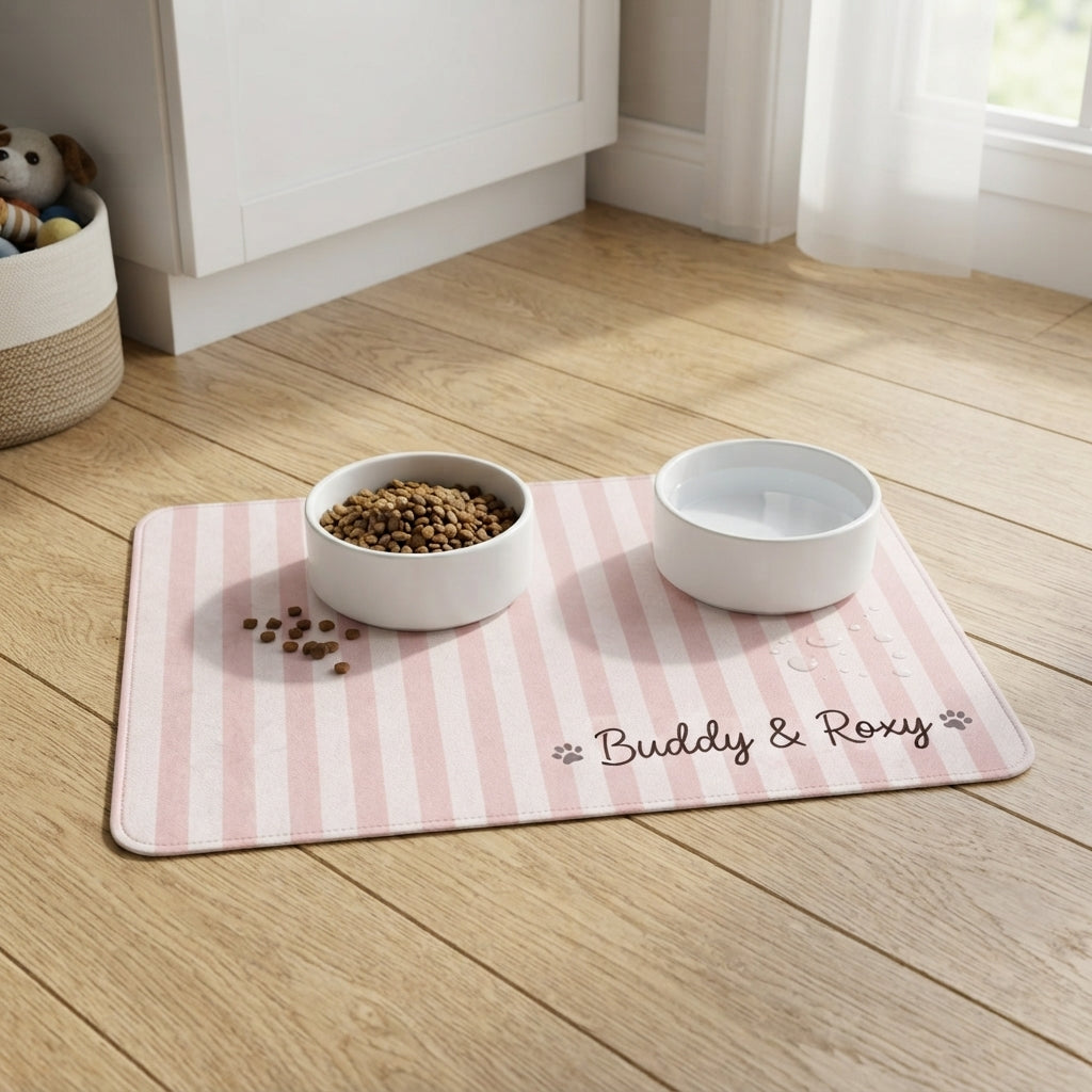 Personalized Pet Food Mat Striped Non Slip Waterproof, Custom Dog Mat Cat Mat, Gift for Pet Mom
