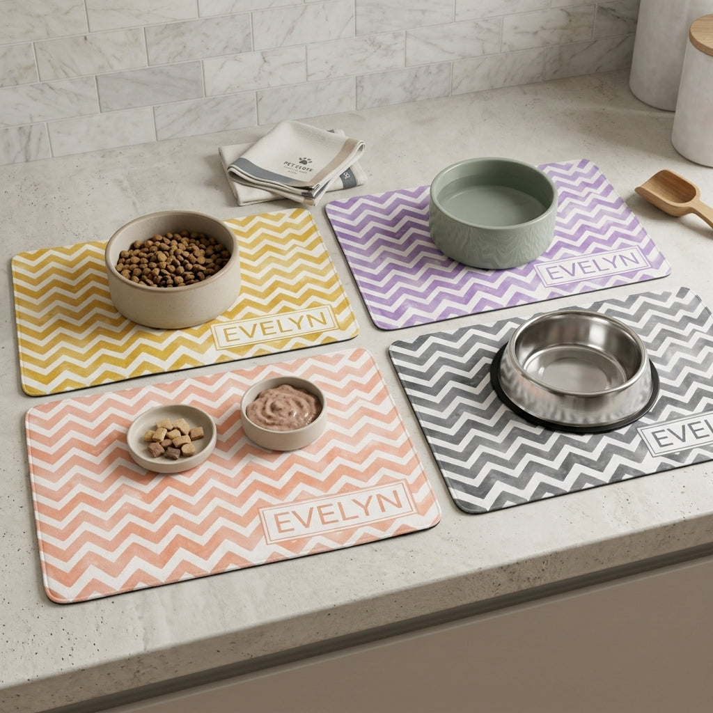 Personalized Dog Food Mat Placemat with Name, Custom Watercolor Checker Rubber Non-Slip