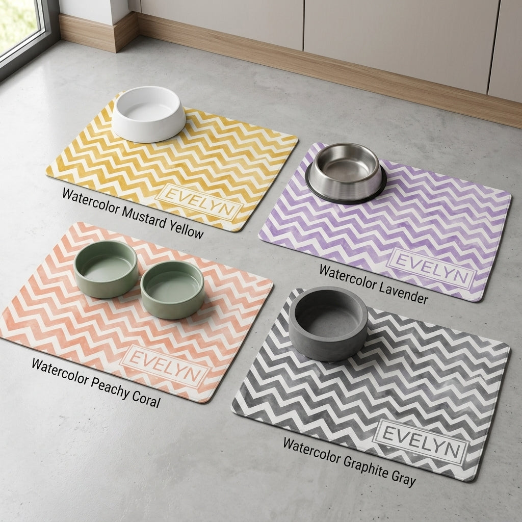 Personalized Dog Food Mat Placemat with Name, Custom Watercolor Checker Rubber Non-Slip