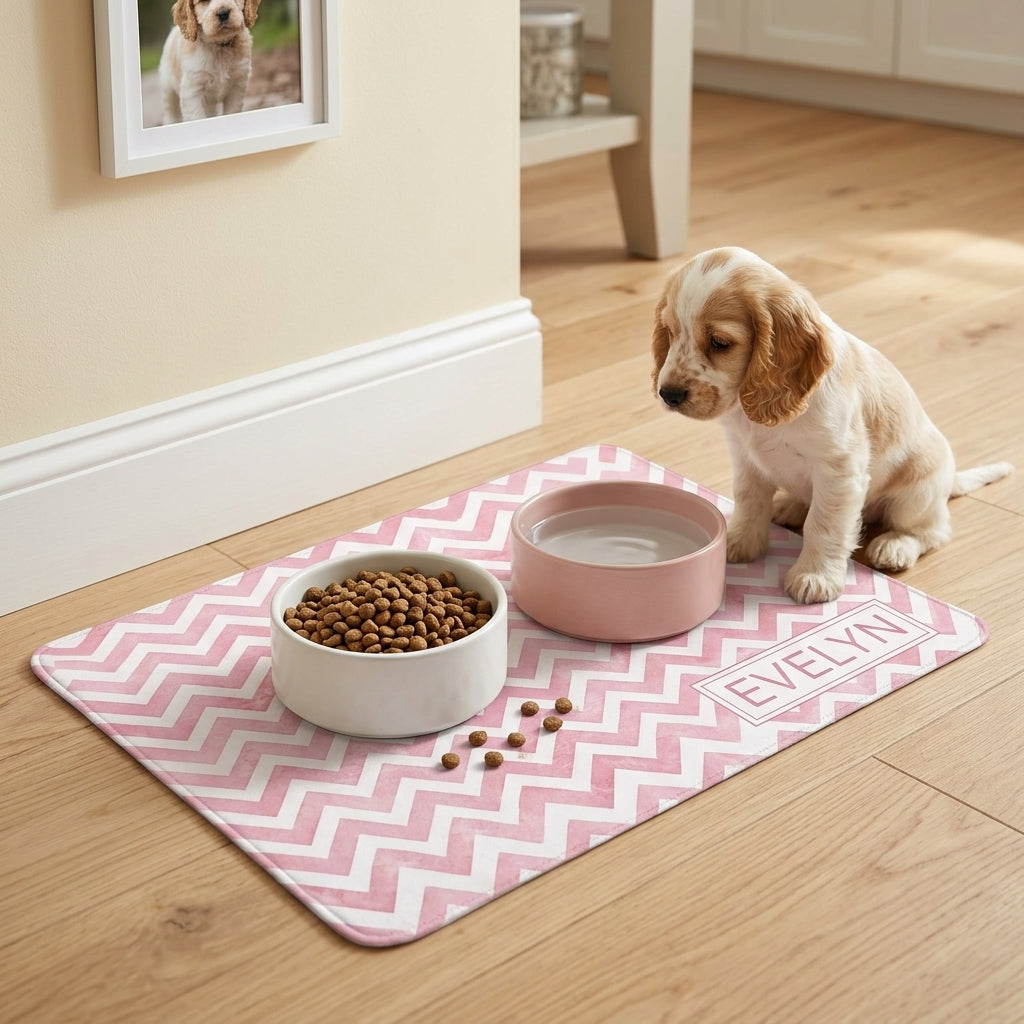 Personalized Dog Food Mat Placemat with Name, Custom Watercolor Checker Rubber Non-Slip