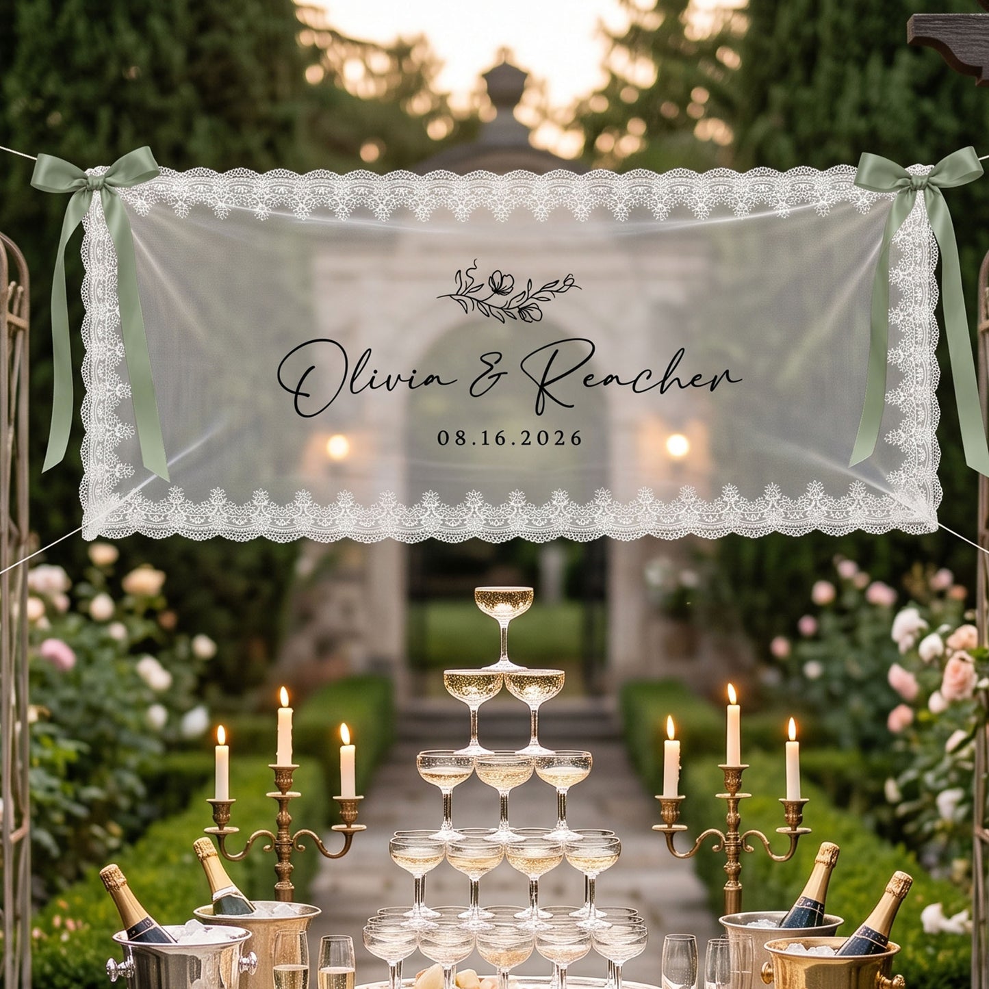 Personalized Lace Wedding Sign, Custom Last Name Banner, Car Lace Banner Decor
