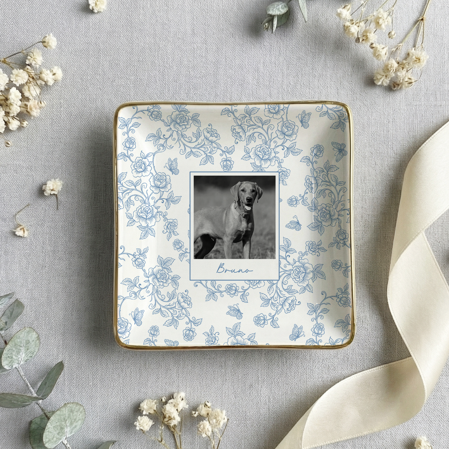 Custom Pet Portrait Jewelry Dish, Toile De Jouy Pet Ring Dish, Dog Cat Trinket Dish, Pet Lover Gift