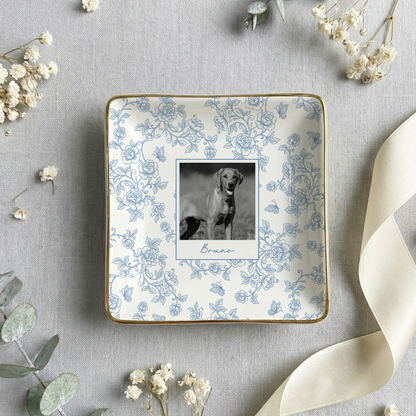 Custom Pet Portrait Jewelry Dish, Toile De Jouy Pet Ring Dish, Dog Cat Trinket Dish, Pet Lover Gift