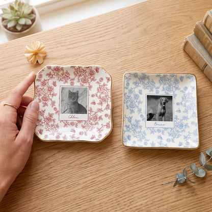 Custom Pet Portrait Jewelry Dish, Toile De Jouy Pet Ring Dish, Dog Cat Trinket Dish, Pet Lover Gift