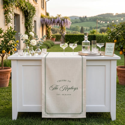 Personalized Wedding Table Runner, Custom Name Linen Bar Decor, Bridal Shower Tea Party Reception Decor