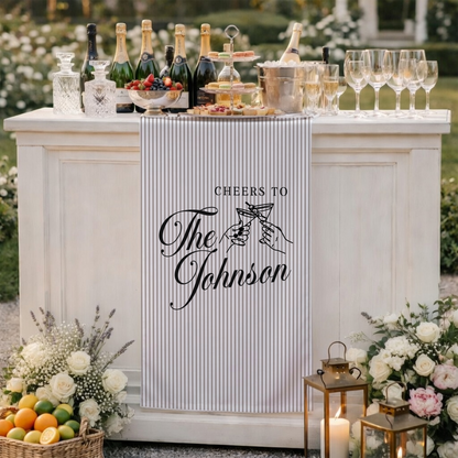 Personalized Wedding Table Runner Cocktail Bar Decor Custom Name Linen Stripe Cheers Sign Wedding Reception Decor