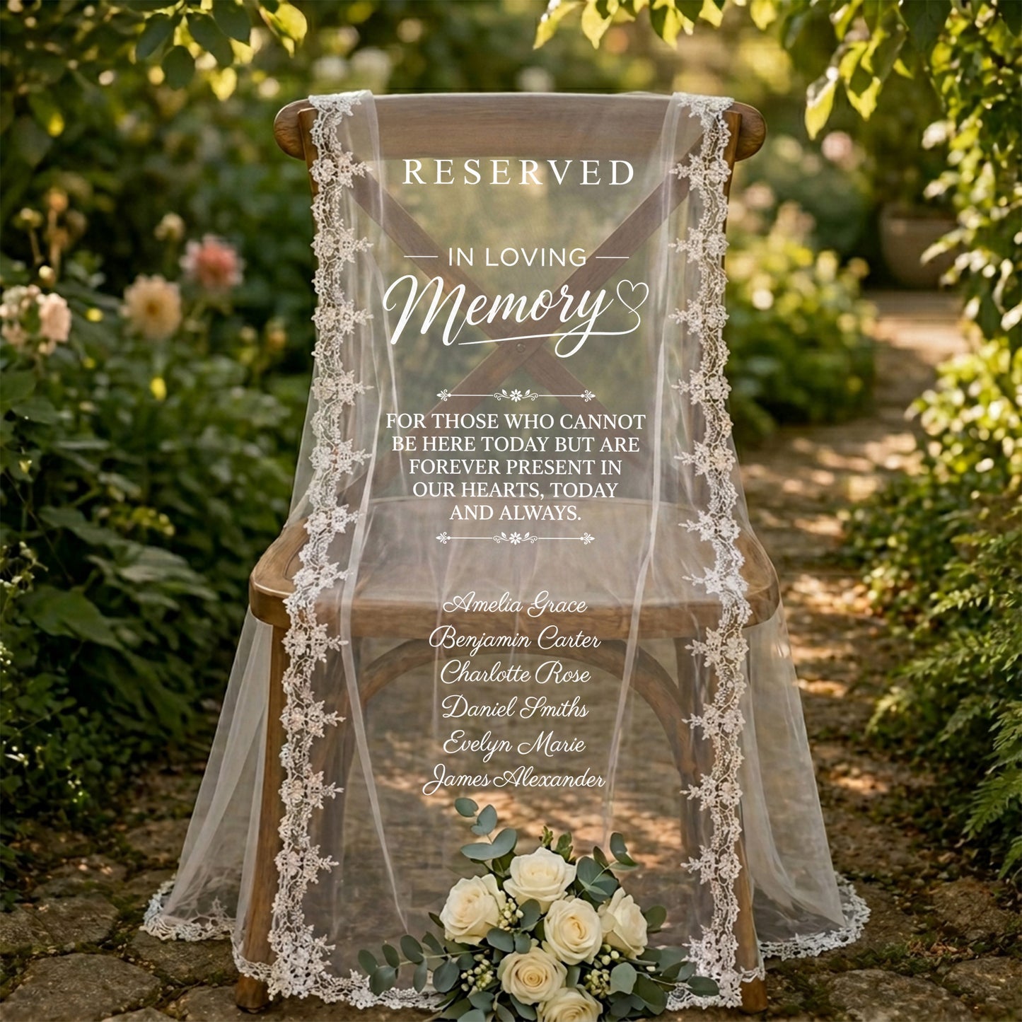Custom In Loving Memory Wedding Chair Sign, Sheer Lace Reserved Banner, Remembrance Ceremony Decor