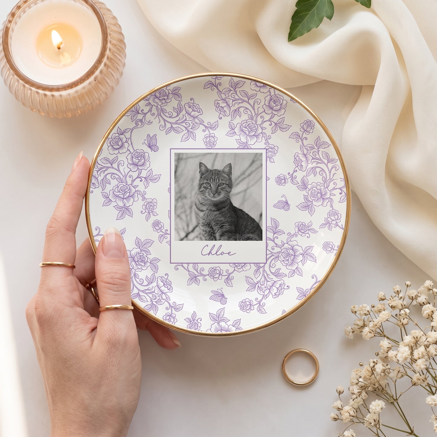 Custom Pet Portrait Jewelry Dish, Toile De Jouy Pet Ring Dish, Dog Cat Trinket Dish, Pet Lover Gift