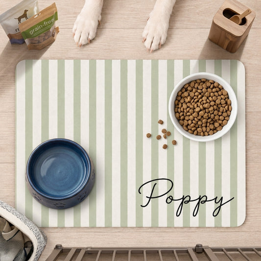 Personalized Dog Food Mat Striped Non Slip Waterproof, Custom Dog Bowl Mat Cat Mat, Puppy Gift