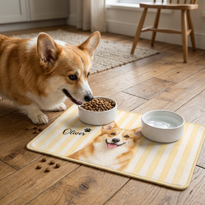 Personalized Pet Food Mat, Cat Feeding Station With Custom Portrait, Non Slip Waterproof, Pet Lover Gift