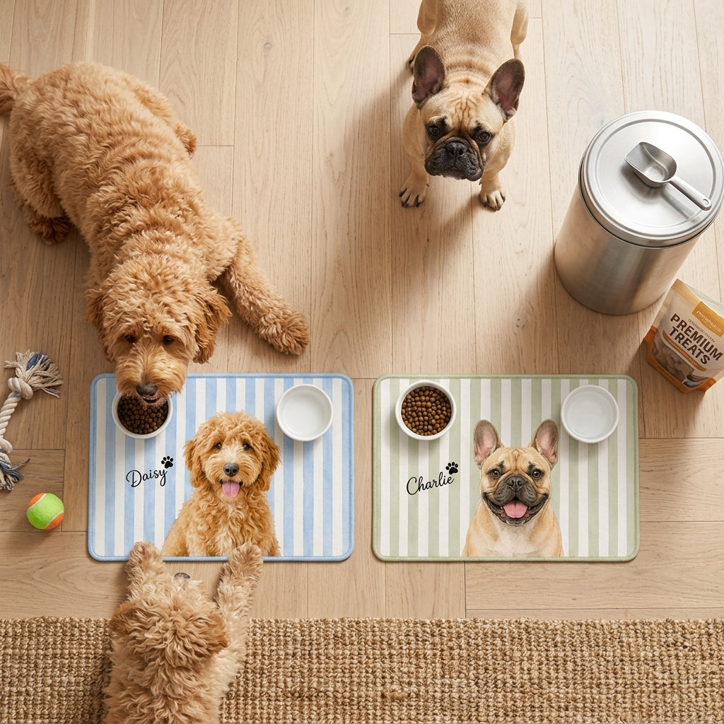 Personalized Pet Food Mat, Cat Feeding Station With Custom Portrait, Non Slip Waterproof, Pet Lover Gift