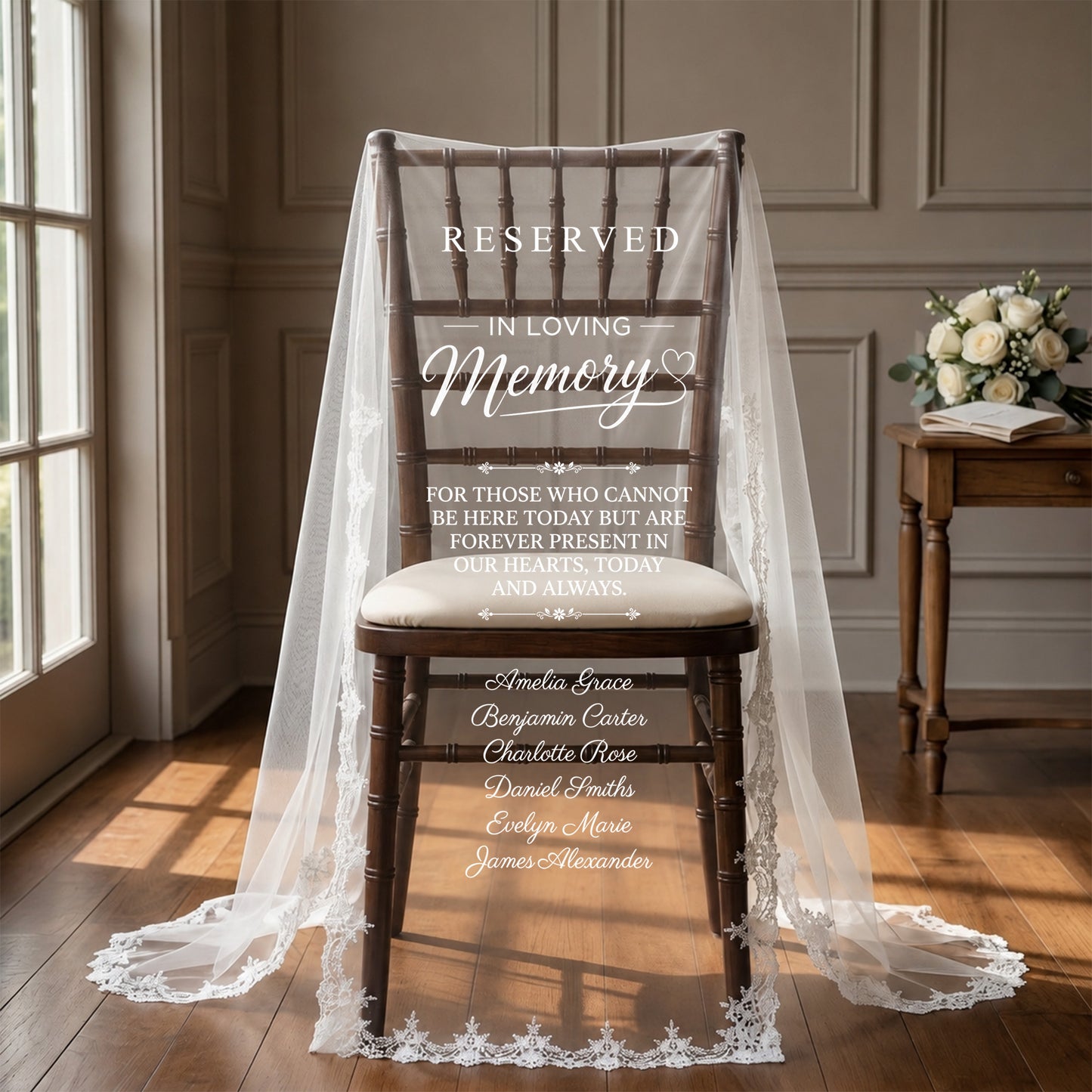 Custom In Loving Memory Wedding Chair Sign, Sheer Lace Reserved Banner, Remembrance Ceremony Decor
