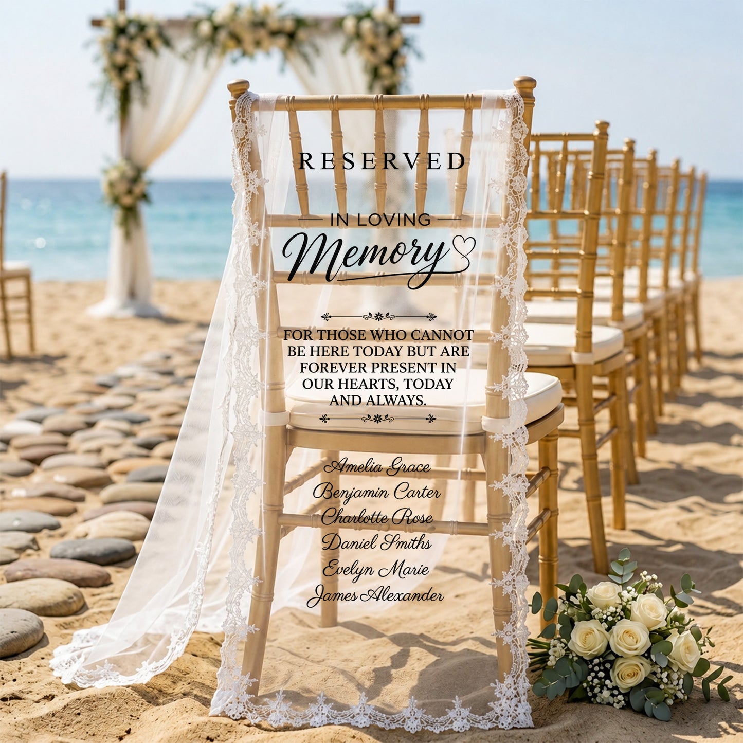 Custom In Loving Memory Wedding Chair Sign, Sheer Lace Reserved Banner, Remembrance Ceremony Decor