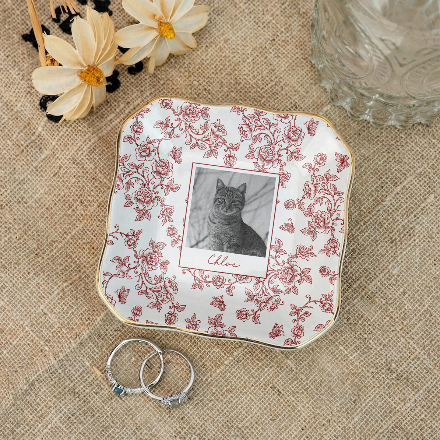 Custom Pet Portrait Jewelry Dish, Toile De Jouy Pet Ring Dish, Dog Cat Trinket Dish, Pet Lover Gift