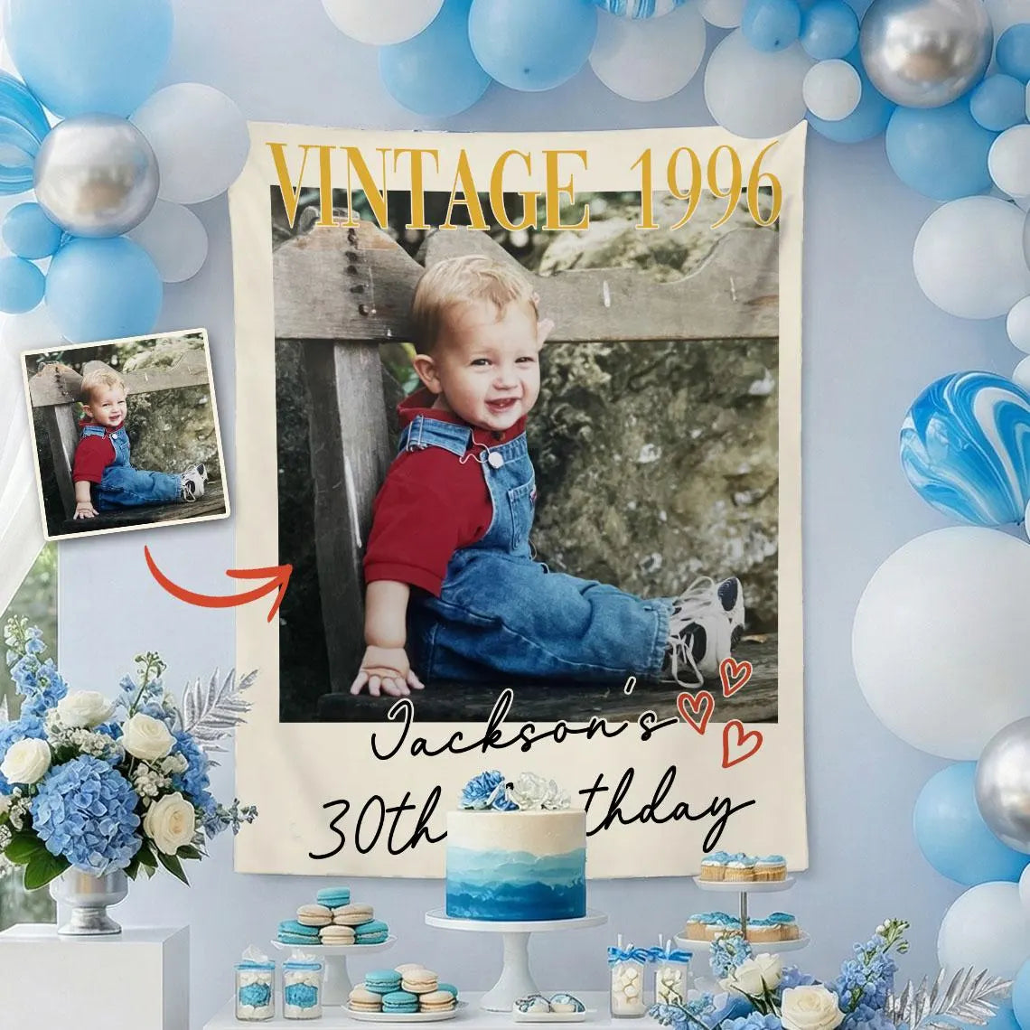 Custom Vintage Birthday Photo Banner | Personalized Retro Party Backdrop for 30th, 40th, 50th Birthday Celebration