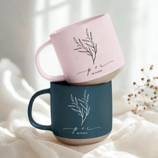 Personalized Minimal Couple Pottery Cup - Custom wedding Gift, Annivesary Gift For Couple