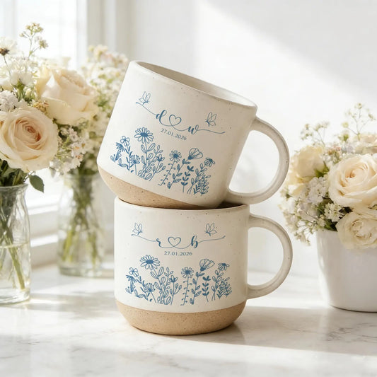 Personalized Toile De Jouy Couple Pottery Cup - Custom wedding Gift, Annivesary Gift For Couple