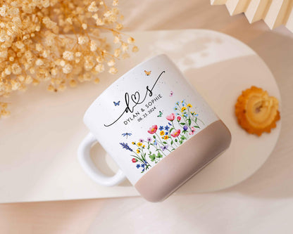 Personalized Floral Couple Pottery Cup - Custom wedding Gift, Annivesary Gift For Couple