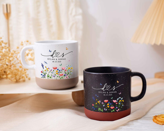 Personalized Floral Couple Pottery Cup - Custom wedding Gift, Annivesary Gift For Couple