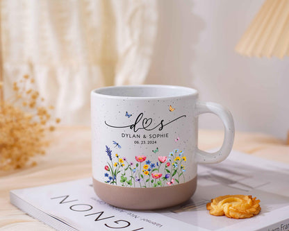 Personalized Floral Couple Pottery Cup - Custom wedding Gift, Annivesary Gift For Couple