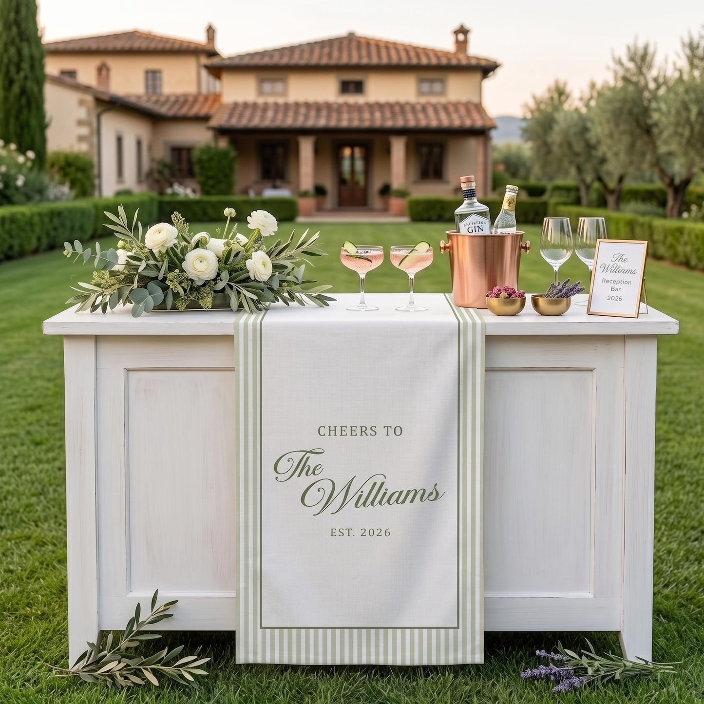 Custom Name Wedding Bar Runner, Cheers To Couple Sign, Minimal Linen Table Sign, Wedding Reception Bar Decor