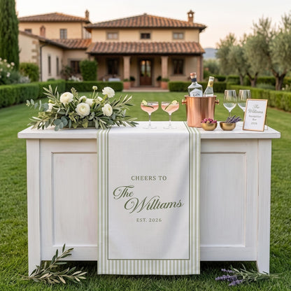 Custom Name Wedding Bar Runner, Cheers To Couple Sign, Minimal Linen Table Sign, Wedding Reception Bar Decor