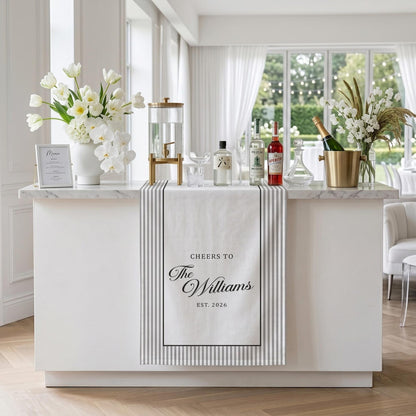 Custom Name Wedding Bar Runner, Cheers To Couple Sign, Minimal Linen Table Sign, Wedding Reception Bar Decor