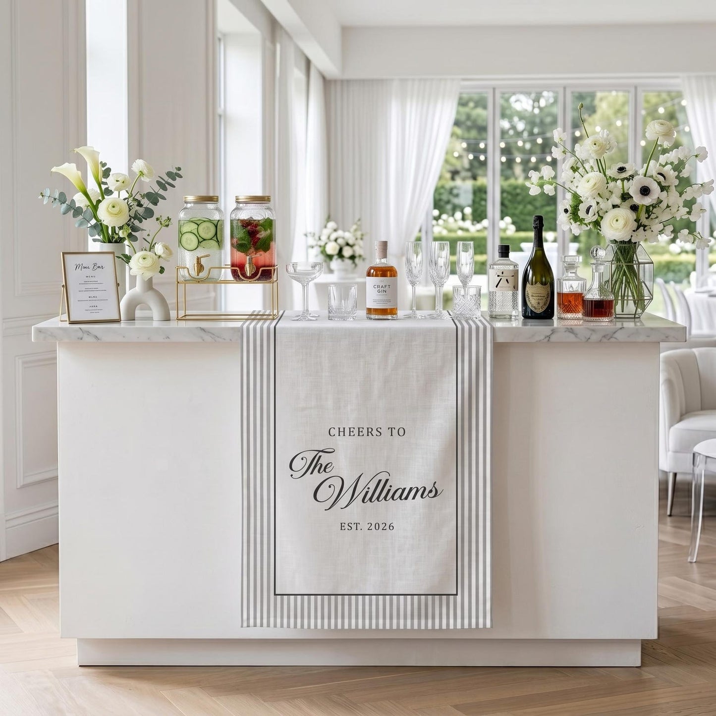 Custom Name Wedding Bar Runner, Cheers To Couple Sign, Minimal Linen Table Sign, Wedding Reception Bar Decor