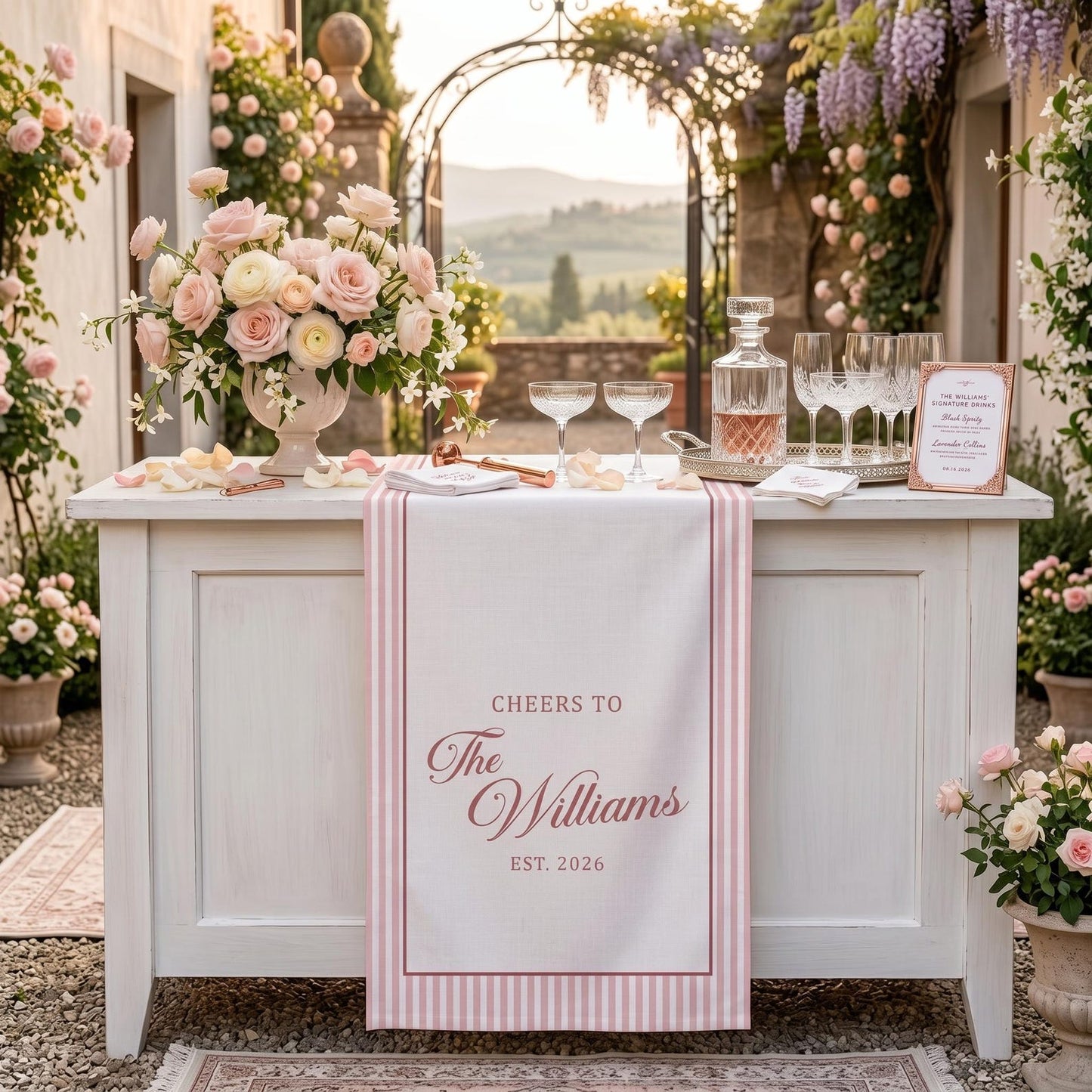 Custom Name Wedding Bar Runner, Cheers To Couple Sign, Minimal Linen Table Sign, Wedding Reception Bar Decor