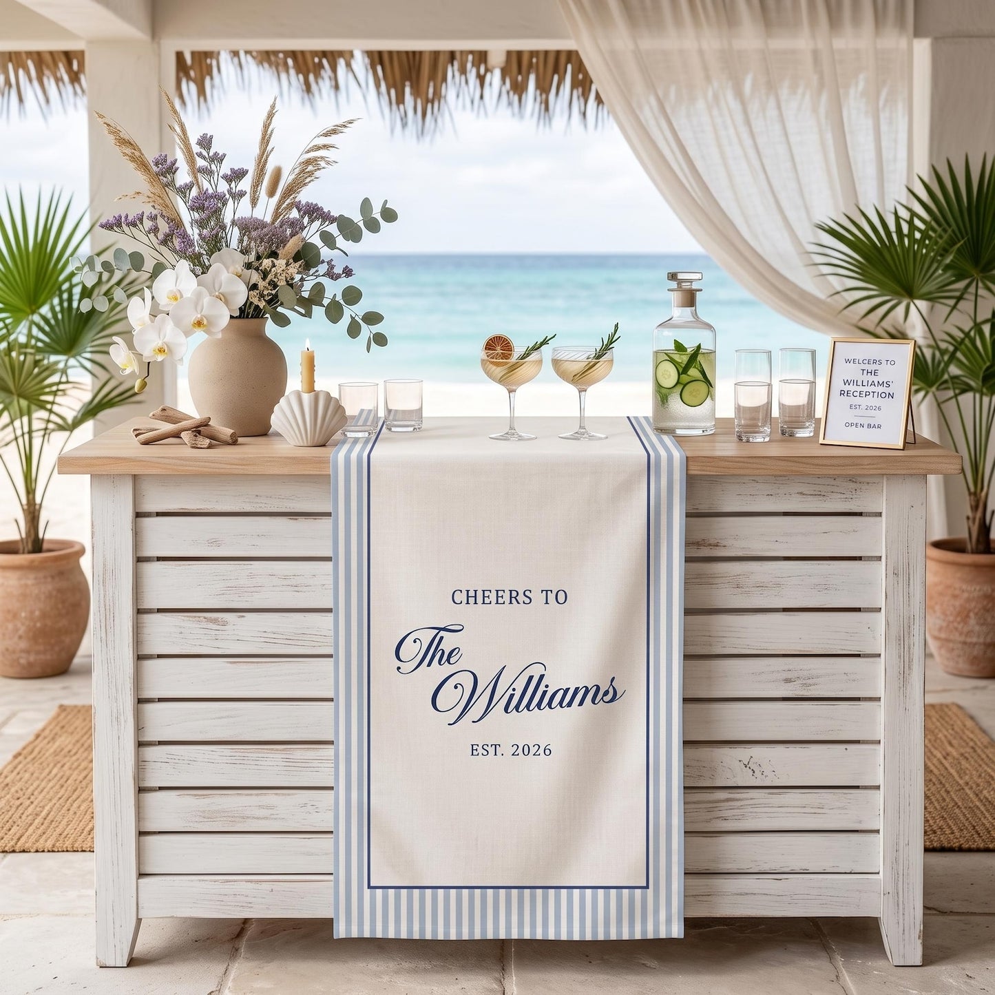 Custom Name Wedding Bar Runner, Cheers To Couple Sign, Minimal Linen Table Sign, Wedding Reception Bar Decor