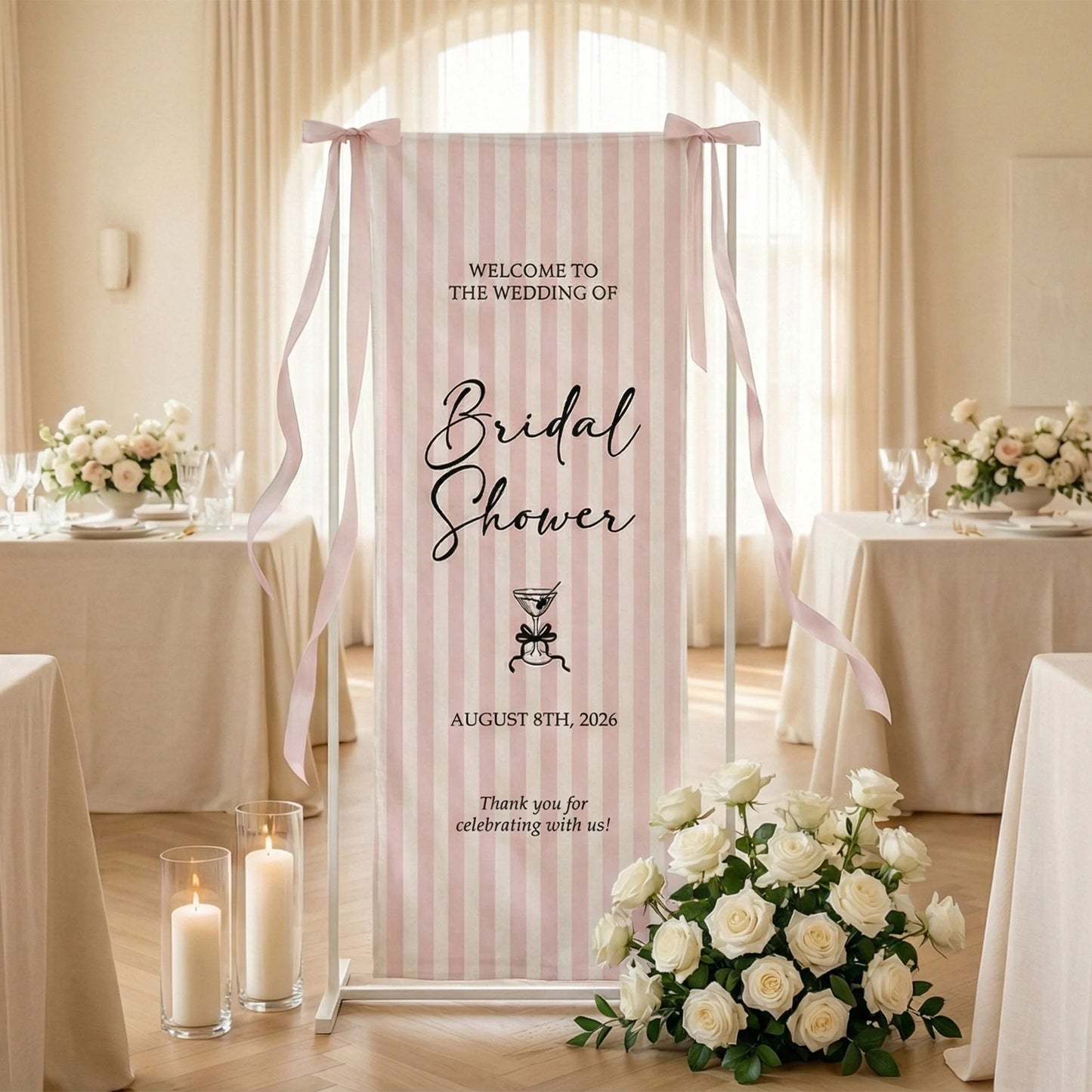 Coquette Bridal Shower Banner Stand Personalized Custom Name Pink Stripe Welcome Sign Party Decor