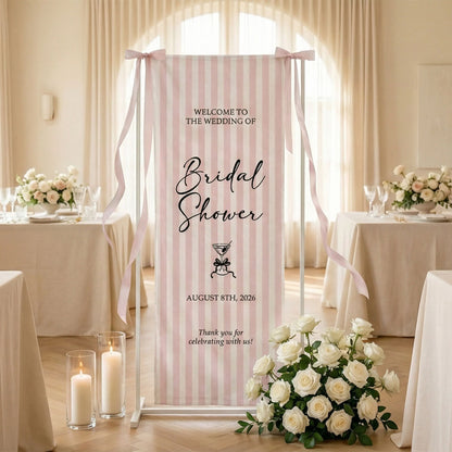 Coquette Bridal Shower Banner Stand Personalized Custom Name Pink Stripe Welcome Sign Party Decor