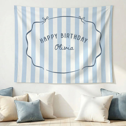 Minimalist Blue Birthday Tapestry Banner Personalized Custom Name Birthday Backdrop Party Decor