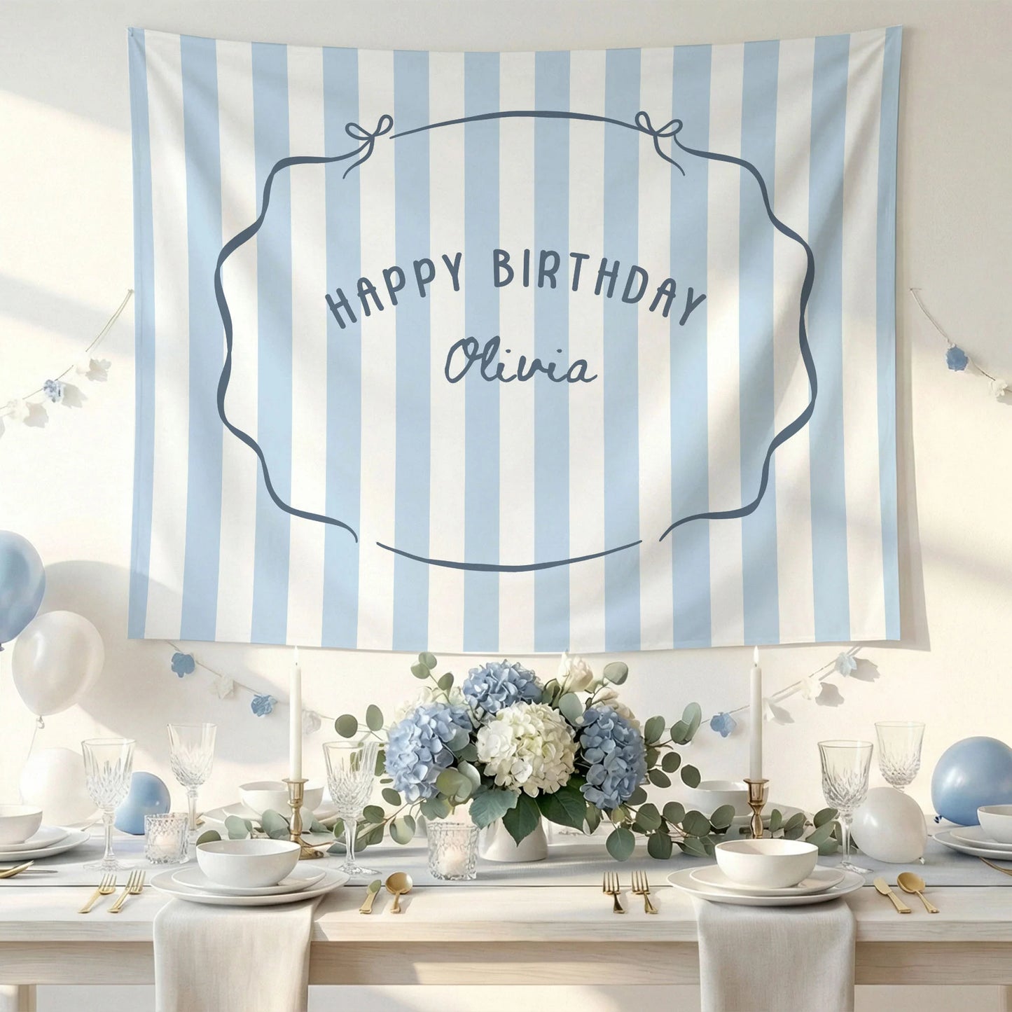 Minimalist Blue Birthday Tapestry Banner Personalized Custom Name Birthday Backdrop Party Decor