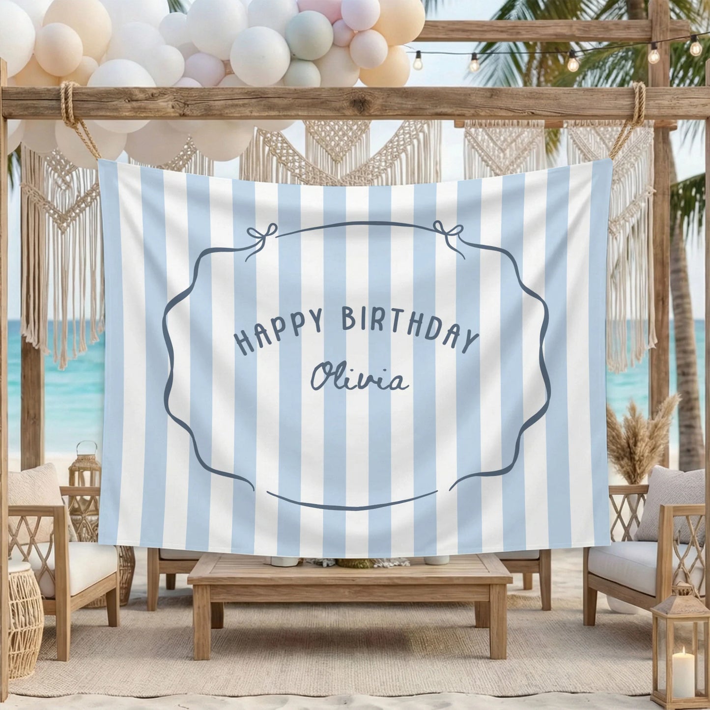 Minimalist Blue Birthday Tapestry Banner Personalized Custom Name Birthday Backdrop Party Decor