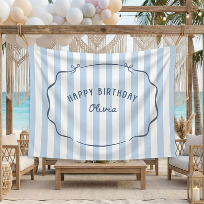 Minimalist Blue Birthday Tapestry Banner Personalized Custom Name Birthday Backdrop Party Decor