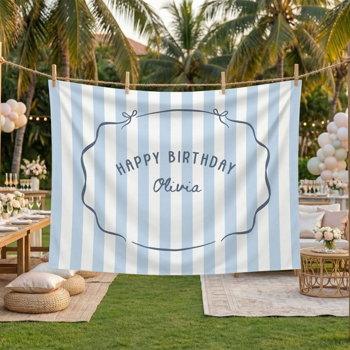 Minimalist Blue Birthday Tapestry Banner Personalized Custom Name Birthday Backdrop Party Decor