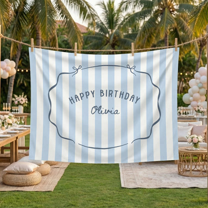 Minimalist Blue Birthday Tapestry Banner Personalized Custom Name Birthday Backdrop Party Decor