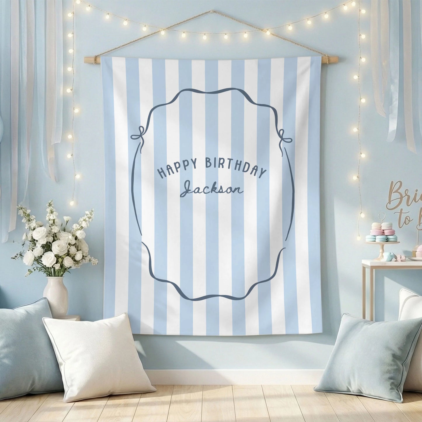 Minimalist Blue Birthday Tapestry Banner Personalized Custom Name Birthday Backdrop Party Decor