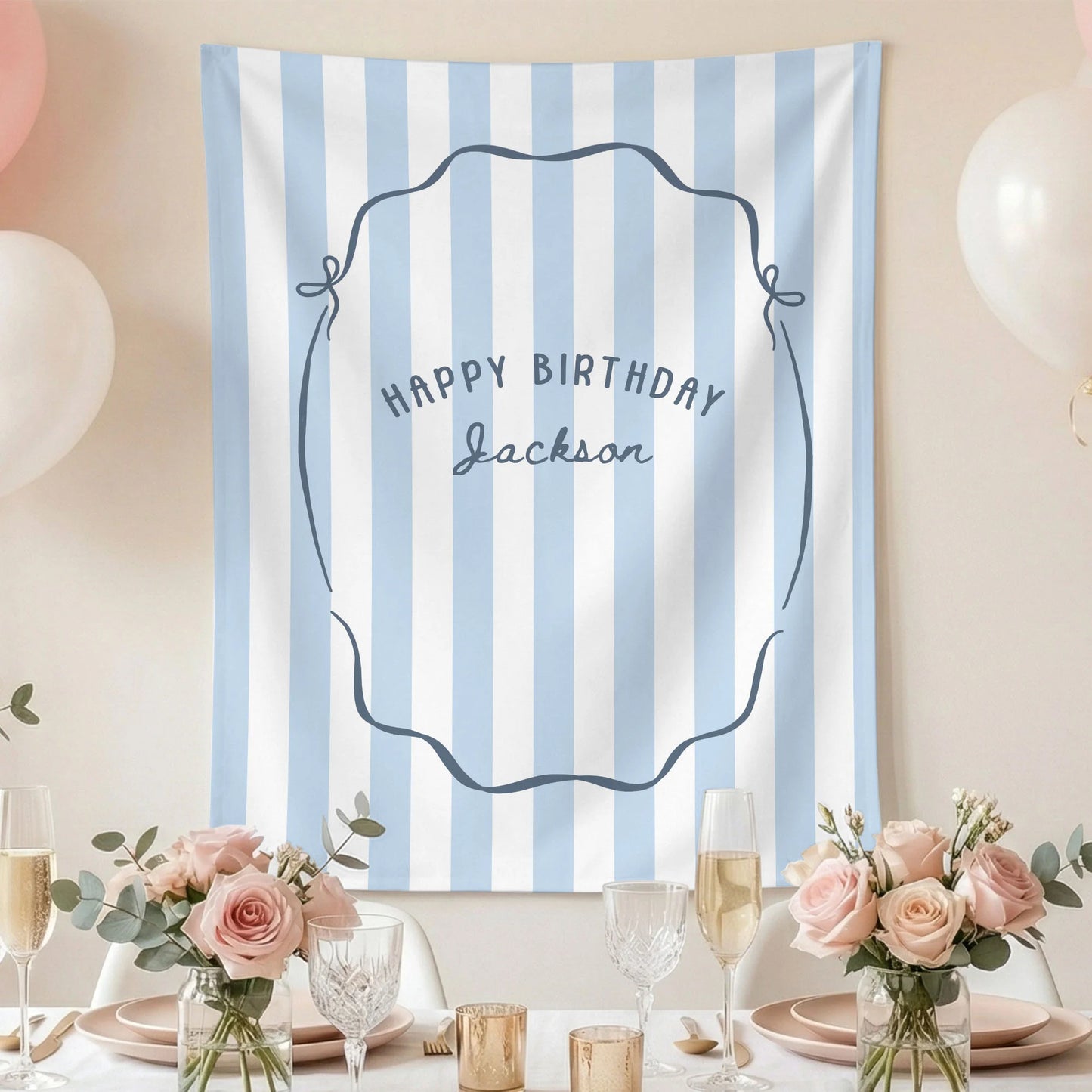 Minimalist Blue Birthday Tapestry Banner Personalized Custom Name Birthday Backdrop Party Decor
