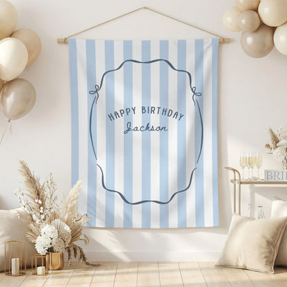 Minimalist Blue Birthday Tapestry Banner Personalized Custom Name Birthday Backdrop Party Decor