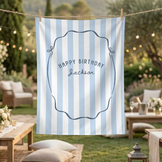 Minimalist Blue Birthday Tapestry Banner Personalized Custom Name Birthday Backdrop Party Decor
