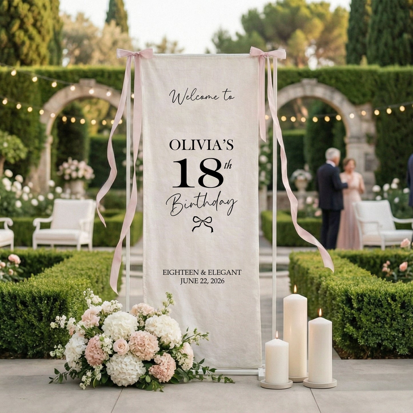 Coquette 18th Birthday Banner Stand Personalized Custom Name Welcome Sign Eighteen Elegant Linen