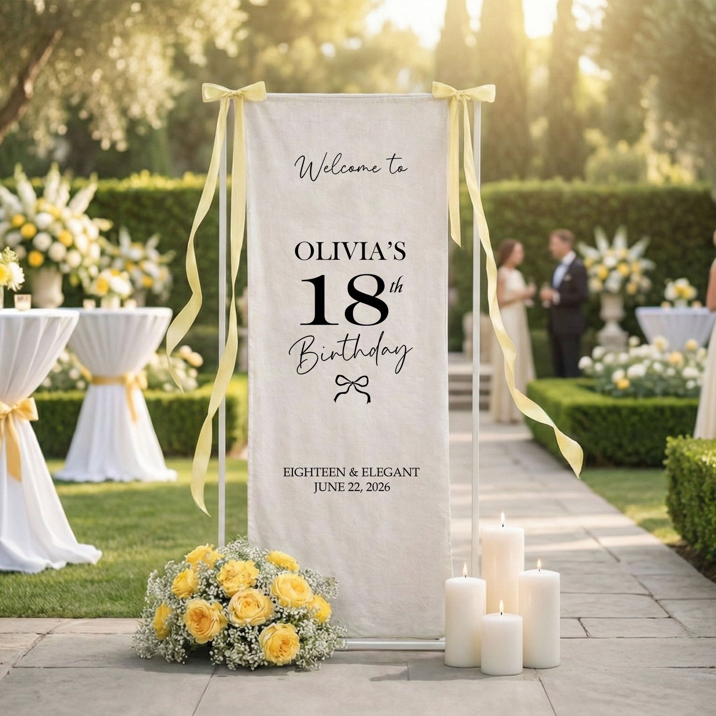 Coquette 18th Birthday Banner Stand Personalized Custom Name Welcome Sign Eighteen Elegant Linen