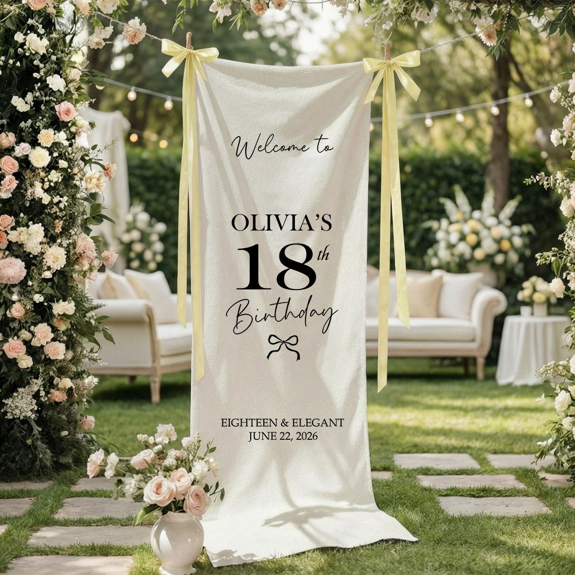 Coquette 18th Birthday Banner Stand Personalized Custom Name Welcome Sign Eighteen Elegant Linen