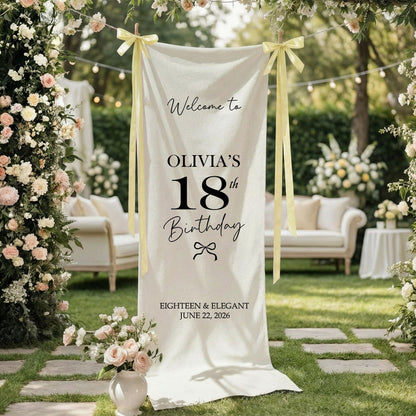 Coquette 18th Birthday Banner Stand Personalized Custom Name Welcome Sign Eighteen Elegant Linen