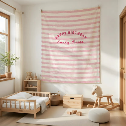 Minimalist Pink Birthday Tapestry Banner Personalized Custom Name Birthday Backdrop Party Decor